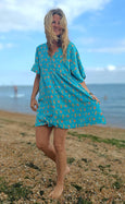 Aqua Paisley Ikat Bamboo Kaftan Beach Bib Dress