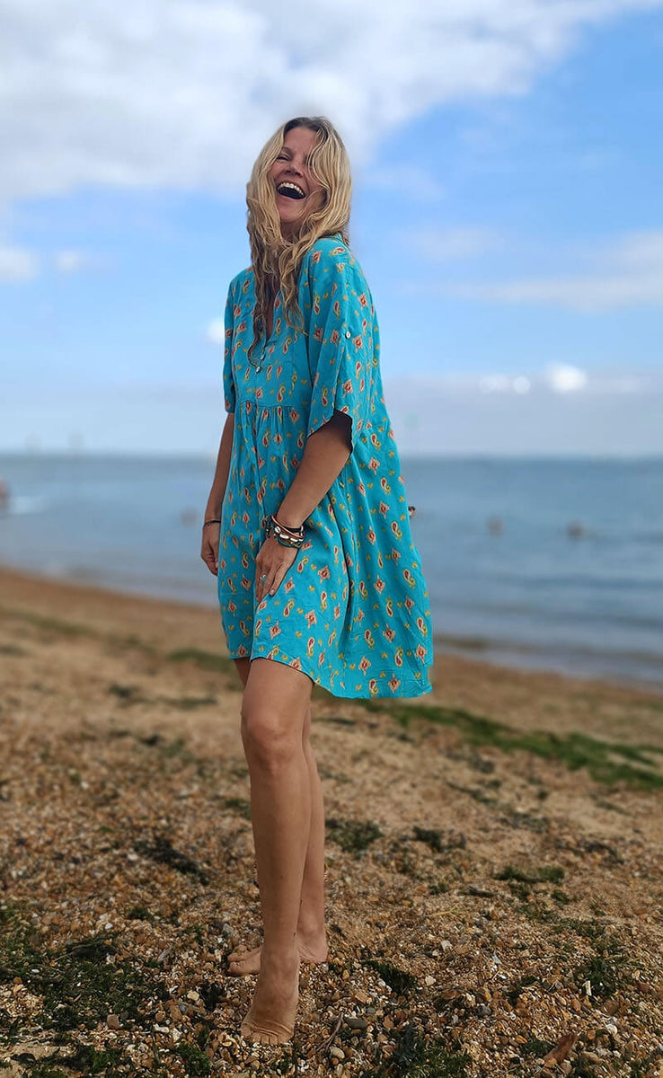Aqua Paisley Ikat Bamboo Kaftan Beach Bib Dress Verry Kerry Aqua Paisley Ikat Bamboo Kaftan Beach Bib Dress Verry Kerry