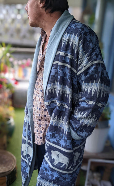Native American Blues Kimono Dressing Gown - Organic Brushed Cotton House Robe