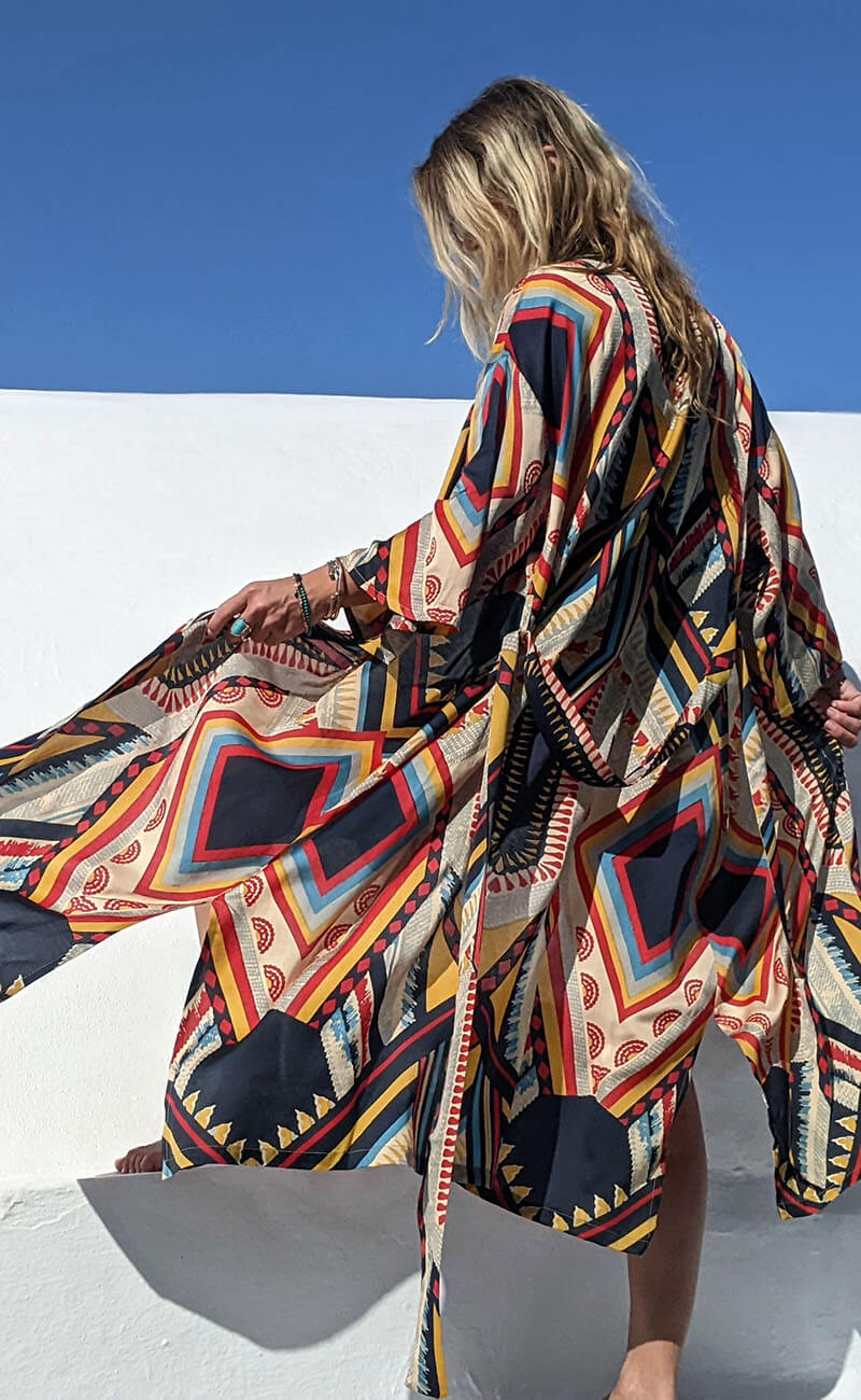 Boho Graphic Print Festival Long Kimono Jacket Chief – Verry