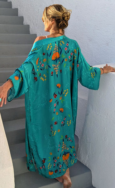 Kerala Turquoise Flower Kimono Dressing Gown