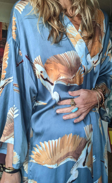 Ladies Luxury Kimono Robe - Crane Bird Dusk Blue