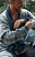 Organic Cotton Reversible Dressing Gown Robe - Blue Checkers