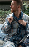Organic Cotton Reversible Dressing Gown Robe - Blue Checkers
