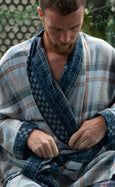Organic Cotton Reversible Dressing Gown Robe - Blue Checkers
