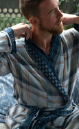 Organic Cotton Reversible Dressing Gown Robe - Blue Checkers