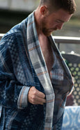Organic Cotton Reversible Dressing Gown Robe - Blue Checkers