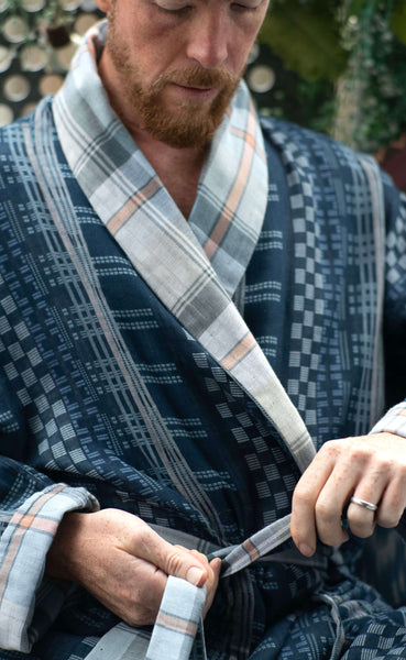 Organic Cotton Reversible Dressing Gown Robe - Blue Checkers