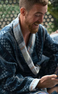 Organic Cotton Reversible Dressing Gown Robe - Blue Checkers