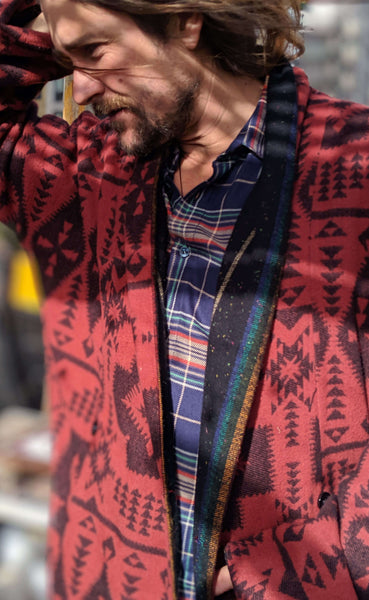 Short Reversible Kimono Blanket Coat - Red Panda/Sunset Stripe