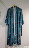 Crane Dance Teal Organic Kimono Dressing Gown Robe