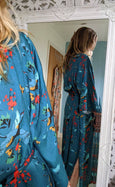 Crane Dance Teal Organic Kimono Dressing Gown Robe