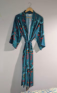 Crane Dance Teal Organic Kimono Dressing Gown Robe