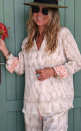 Luxury Bamboo Ikat Silk Pyjama Set - Pearl & Flame