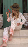 Luxury Bamboo Ikat Silk Pyjama Set - Pearl & Flame