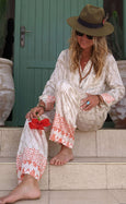 Luxury Bamboo Ikat Silk Pyjama Set - Pearl & Flame