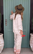 Luxury Bamboo Ikat Silk Pyjama Set - Pearl & Flame