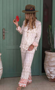 Luxury Bamboo Ikat Silk Pyjama Set - Pearl & Flame