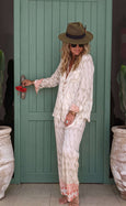 Luxury Bamboo Ikat Silk Pyjama Set - Pearl & Flame