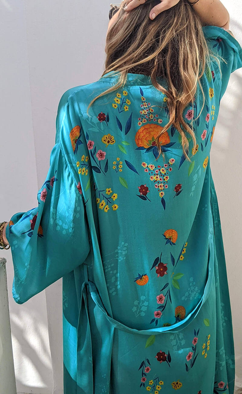 Kerala Turquoise Flower Kimono Dressing Gown Verry Kerry Kerala Turquoise Flower Kimono Dressing Gown Verry Kerry