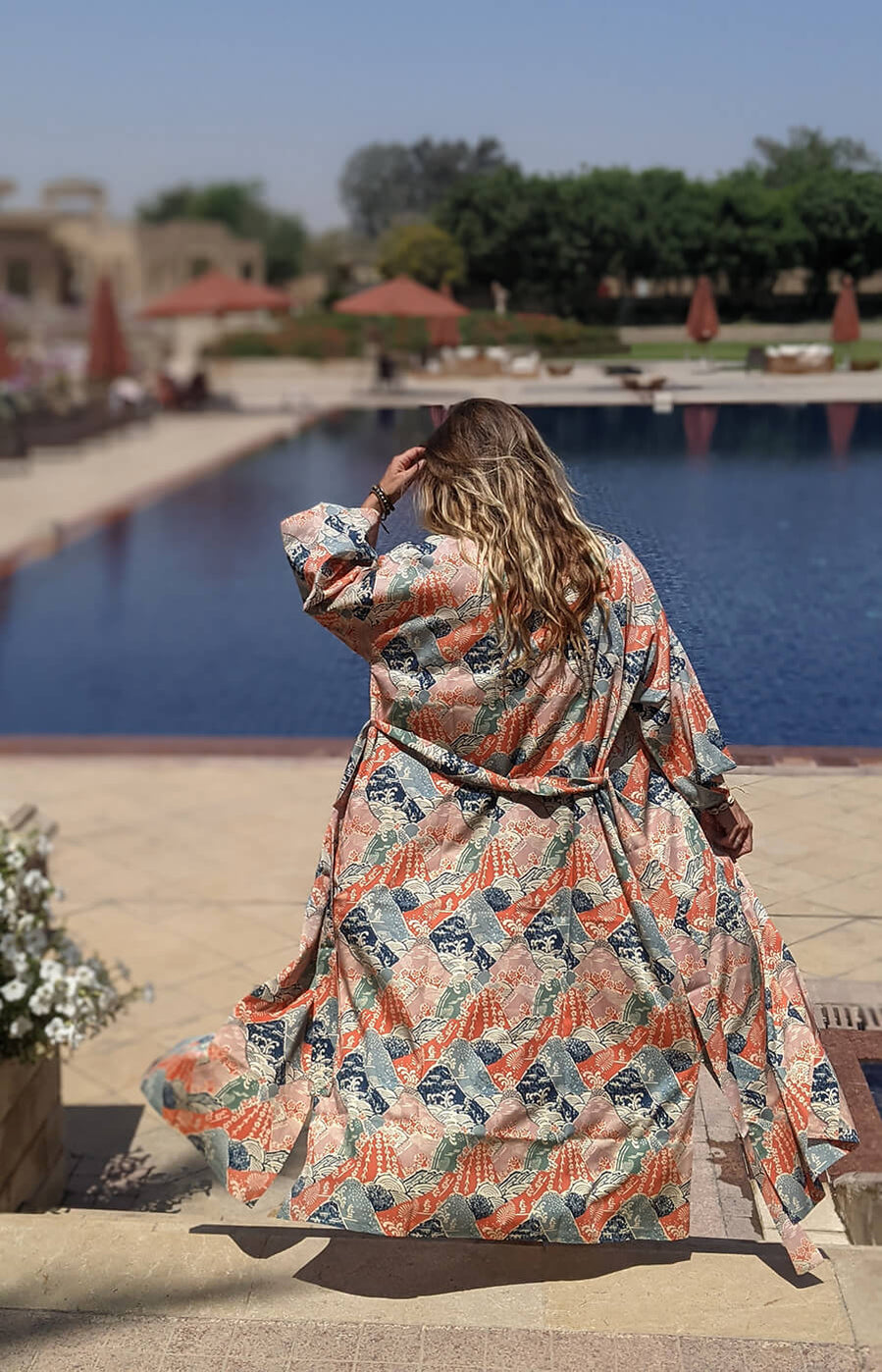 Women Diamond Graphic Print Long Kimono Dressing Gown - Aztec