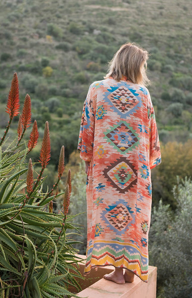 Women Diamond Graphic Print Long Kimono Dressing Gown - Aztec