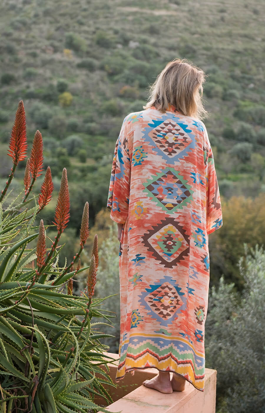 Women Diamond Graphic Print Long Kimono Dressing Gown - Aztec