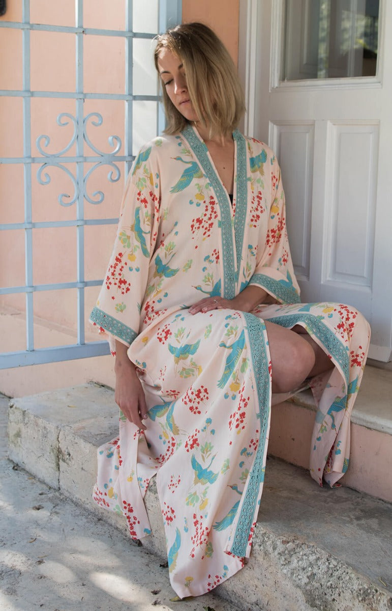 Crane Dance Peach Ladies Organic Kimono Dressing Gown – Verry Kerry